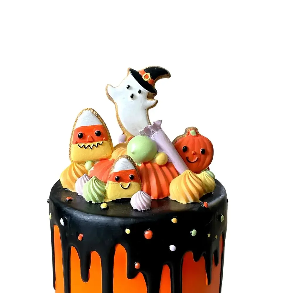 Ghoulish Halloween Candy Corn Ghost Cake Decor 13in Resin Black & Orange NEW